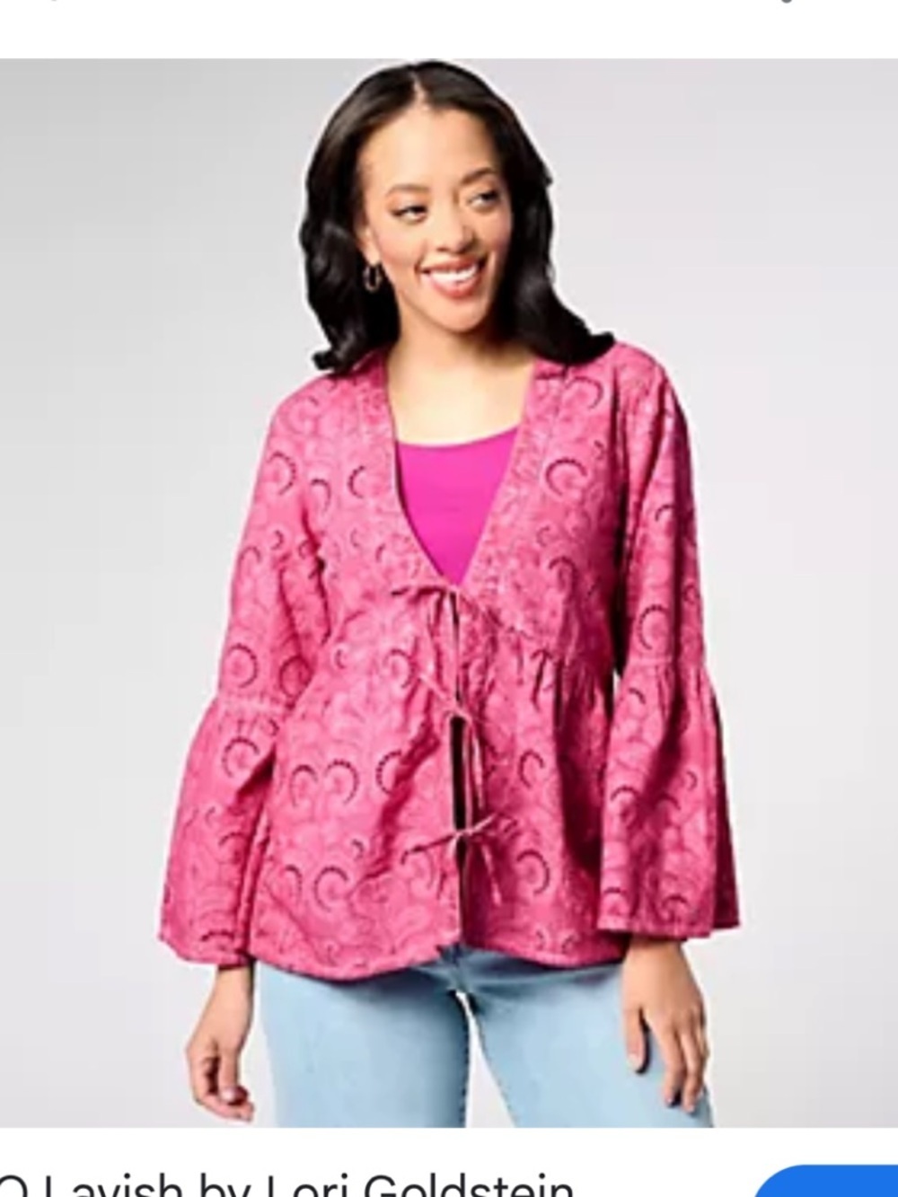LOGO L NWT Pink Patterned Tie-Front Bell Sleeve Top
